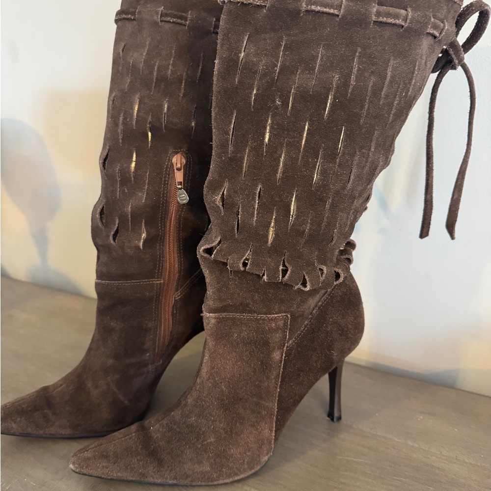 Dakota Brown Suede Cutout Mid-Calf Stiletto Boots – US 6.5